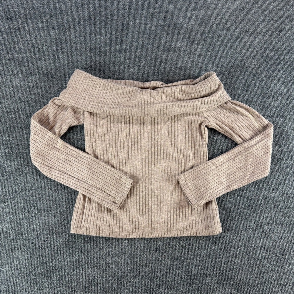 Blenca Young Contemporary Ribbed Off Shoulder Knit Top‎ Tan Taupe Size M